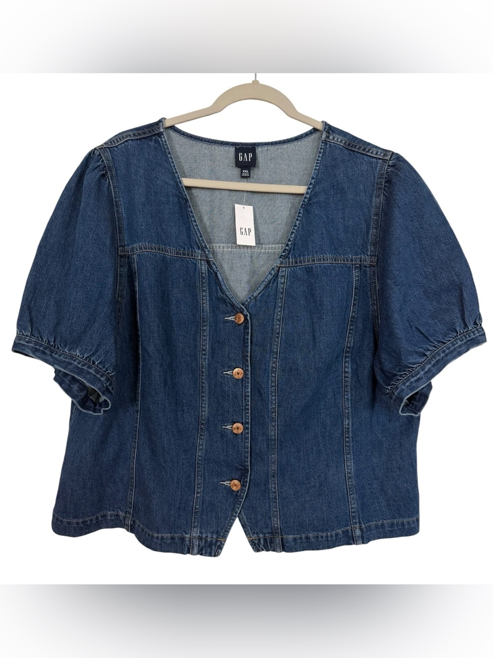 Gap Denim Puff Sleeve Seamed Top Button Front Prairie NWT Size XXL